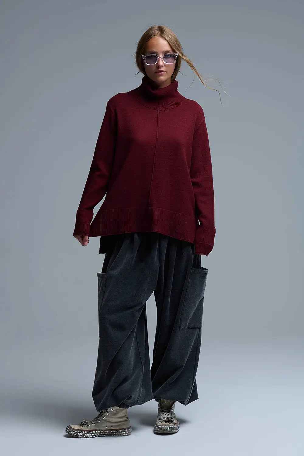 Oversized Roll Neck Sweater in Burgundy - RED / ONE - Sweaters