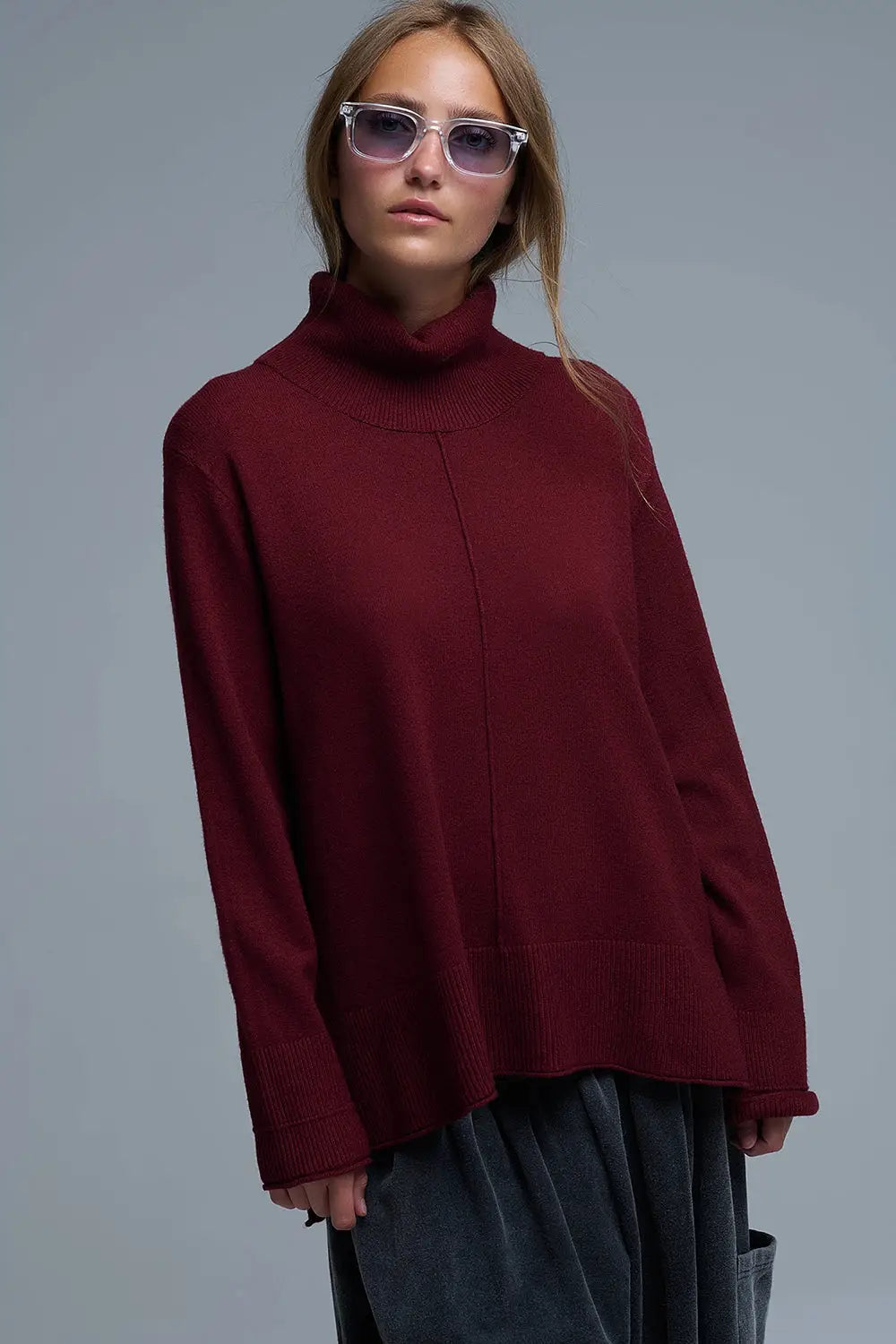 Oversized Roll Neck Sweater in Burgundy - RED / ONE - Sweaters