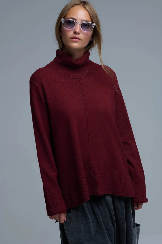 Oversized Roll Neck Sweater in Burgundy - RED / ONE - Sweaters