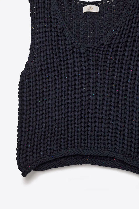 Crochet Cropped Vest in Navy With sequins Thread - NAVY / ONE - Sweaters