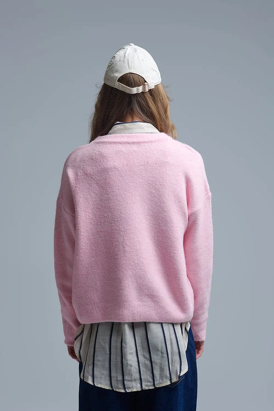 Cute Pink Cropped Bear Patch Sweater - PINK / ONE - Sweaters