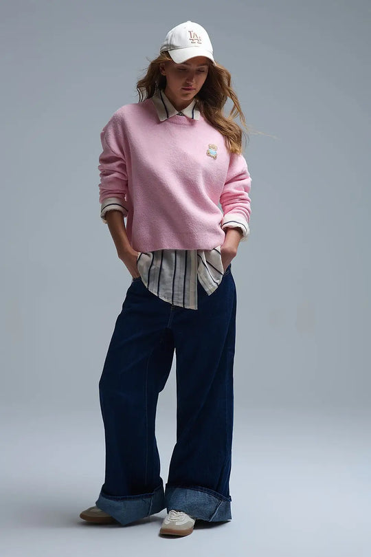 Cute Pink Cropped Bear Patch Sweater - PINK / ONE - Sweaters