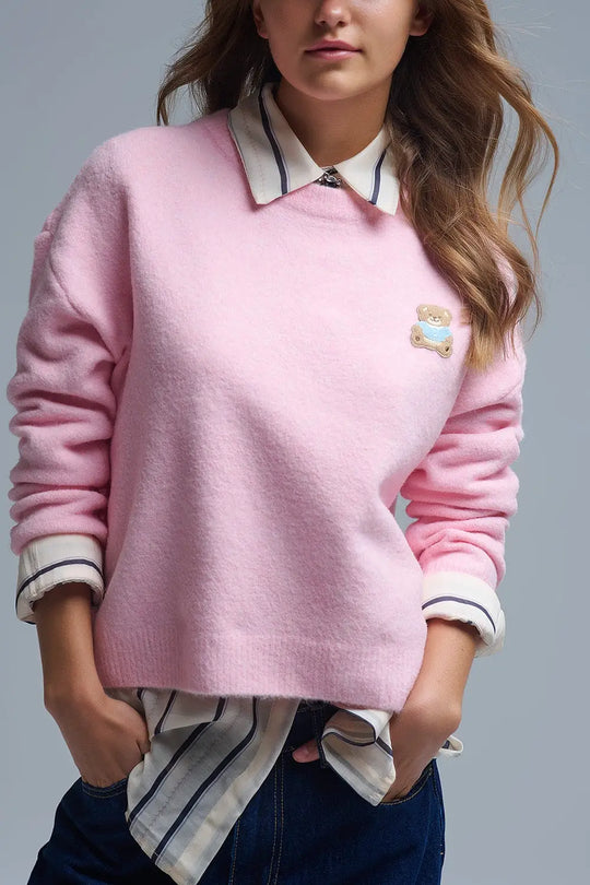 Cute Pink Cropped Bear Patch Sweater - PINK / ONE - Sweaters