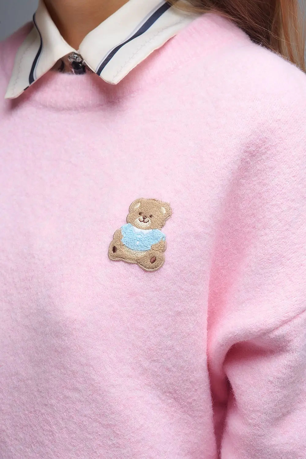 Cute Pink Cropped Bear Patch Sweater - PINK / ONE - Sweaters