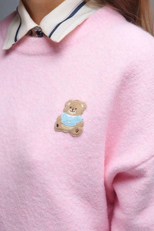 Cute Pink Cropped Bear Patch Sweater - PINK / ONE - Sweaters