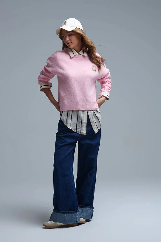 Cute Pink Cropped Bear Patch Sweater - PINK / ONE - Sweaters