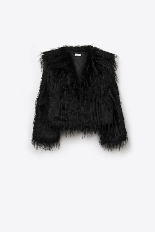 Black Statement Faux Fur Jacket with Big Collar - BLACK / ONE - Jackets