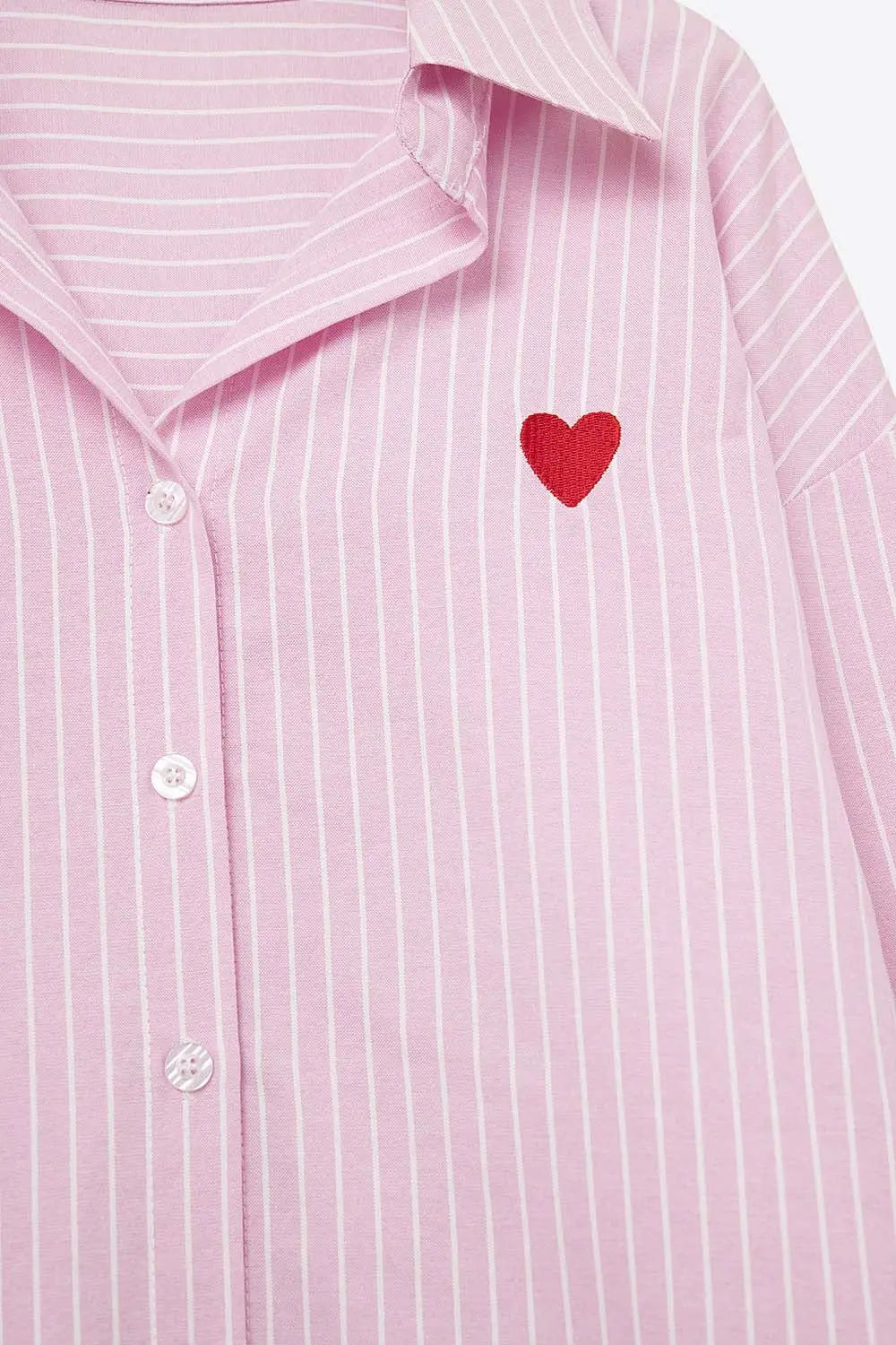 Pink Striped shirt with red heart embroidery - Shirts