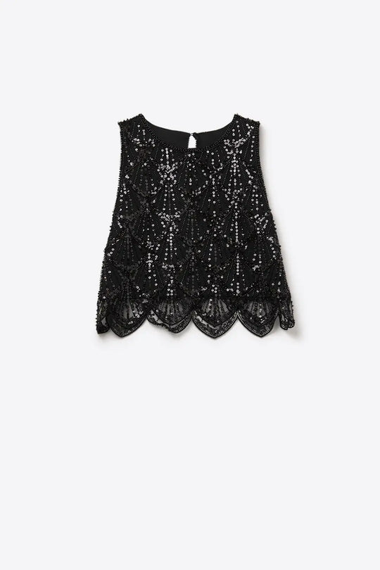 Chic Black Sequin Cropped Top - Tops