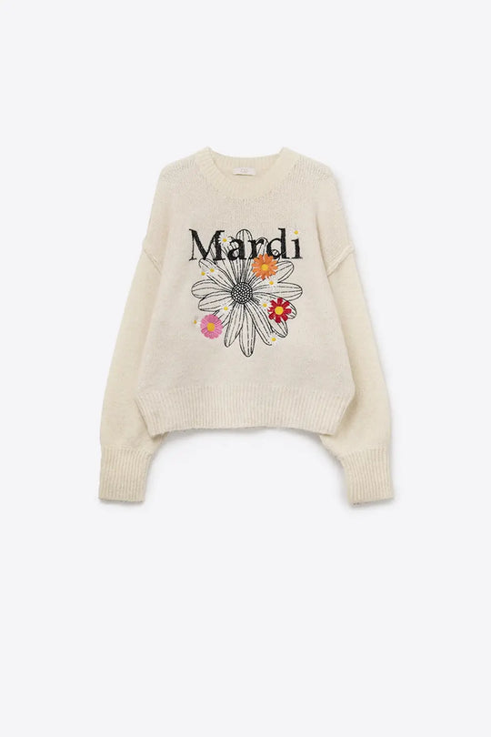 Cream Embroidered Mardi Sweater With Flowers - CREAM / ONE - Sweaters