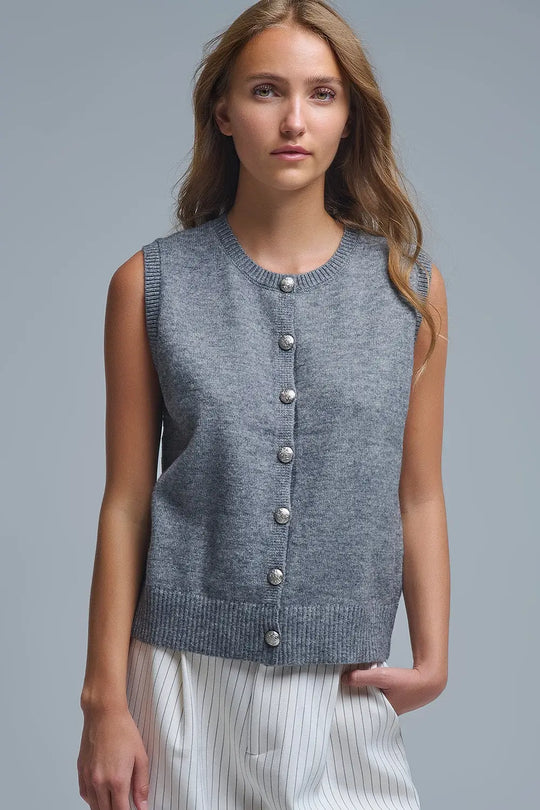 Crew Neck Metallic Button knitted Vest In Grey - Sweaters