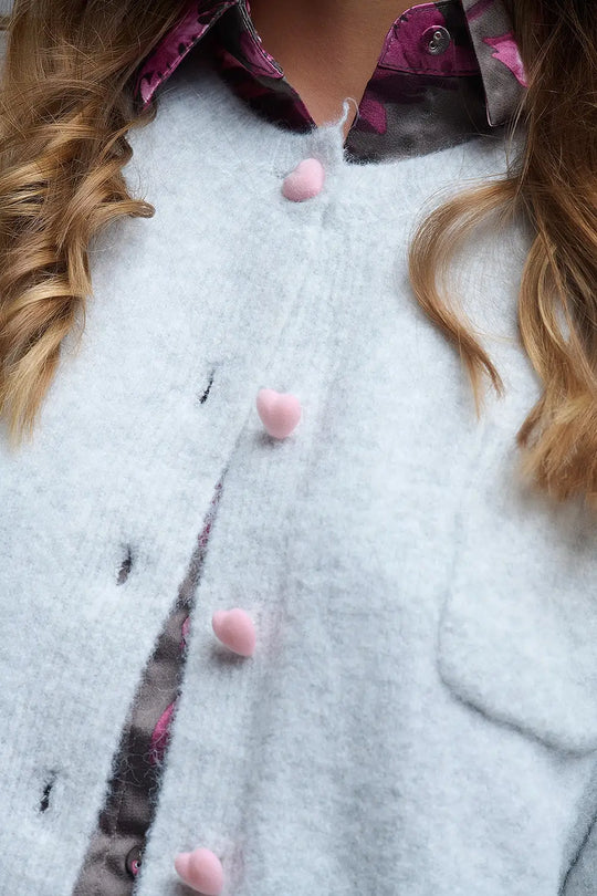 fluffy Gray Cardigan with Heart Buttons - GRAY / ONE - Cardigans