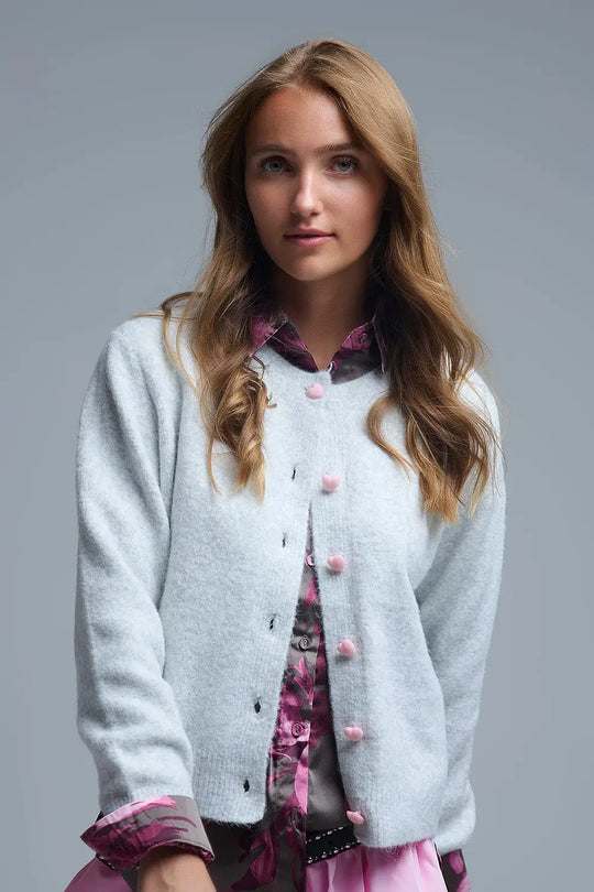 fluffy Gray Cardigan with Heart Buttons - GRAY / ONE - Cardigans