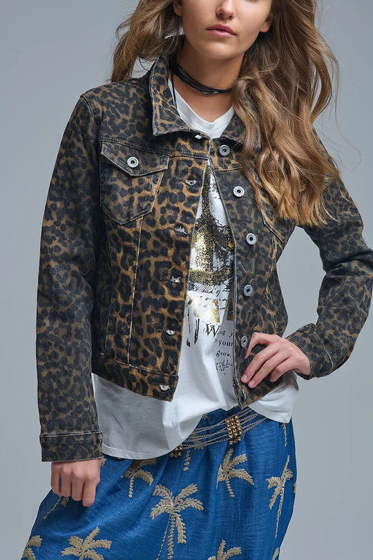 Leopard Print Denim Jacket in denim fabric - Jackets
