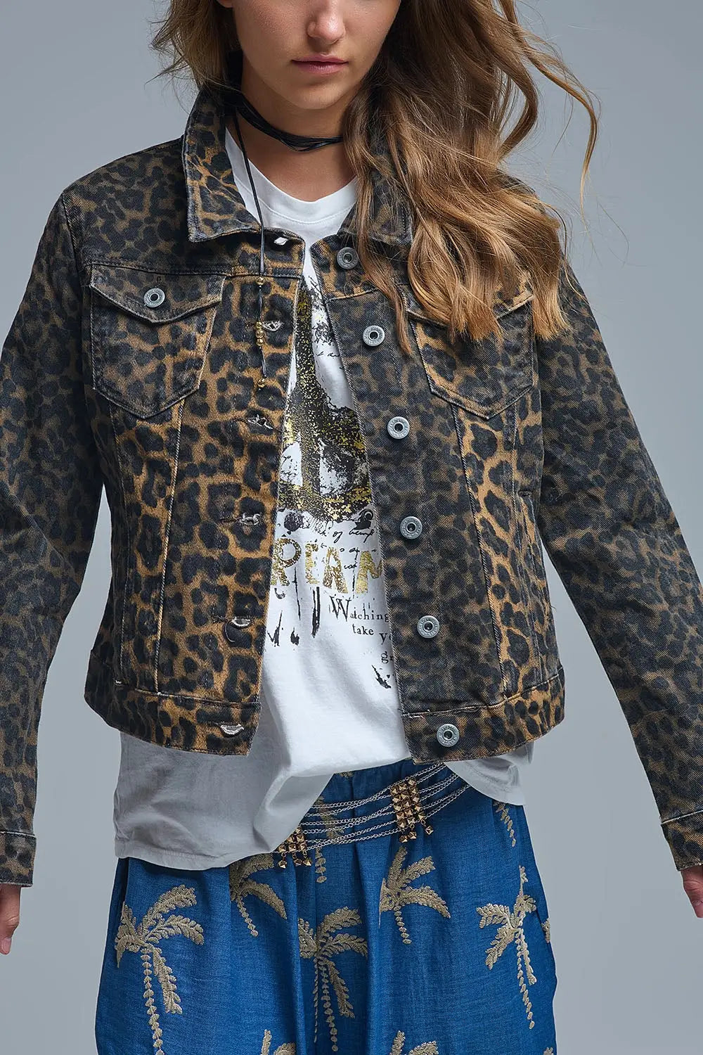 Leopard Print Denim Jacket in denim fabric - Jackets