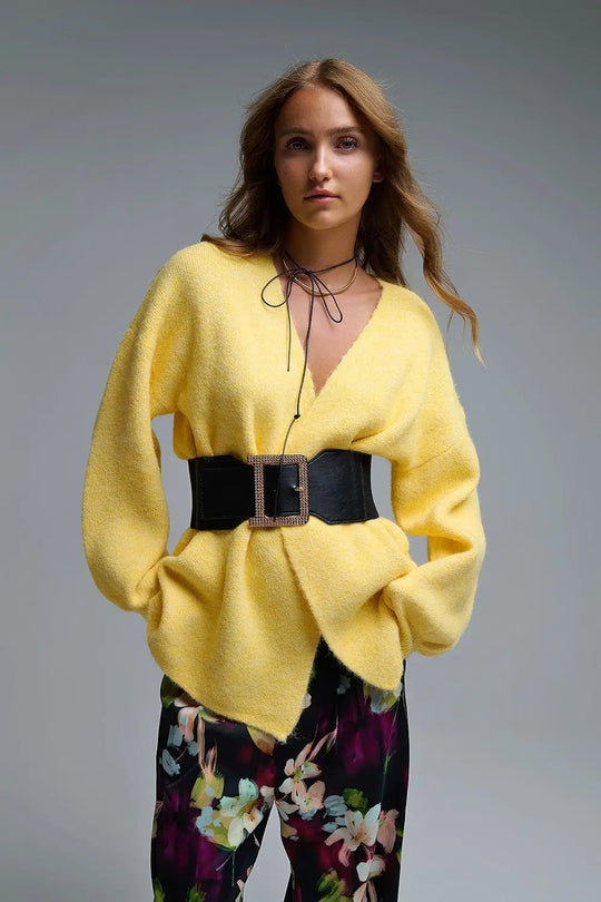 Elegant Yellow Wrap Knitted Cardigan - YELLOW / ONE - Cardigans