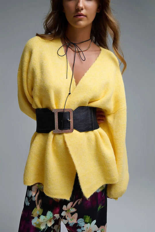 Elegant Yellow Wrap Knitted Cardigan - YELLOW / ONE - Cardigans