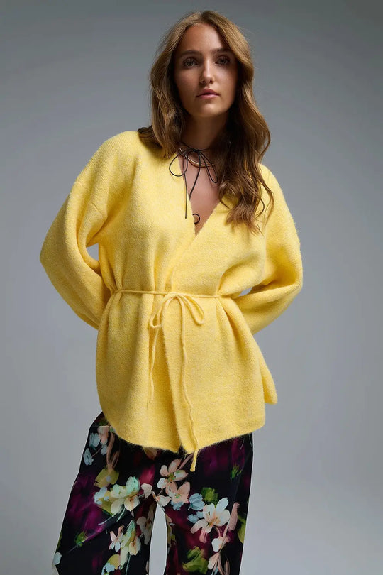 Elegant Yellow Wrap Knitted Cardigan - YELLOW / ONE - Cardigans