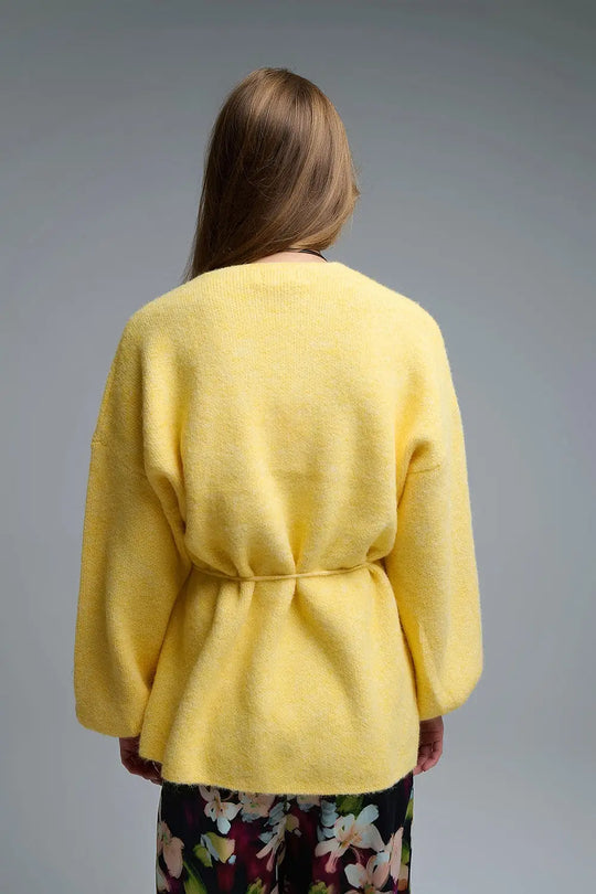 Elegant Yellow Wrap Knitted Cardigan - YELLOW / ONE - Cardigans
