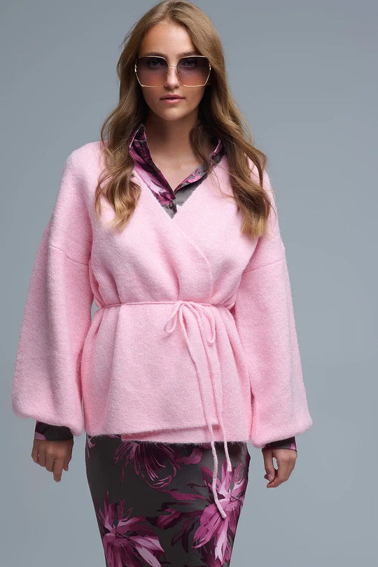Elegant Pink Wrap Knitted Cardigan - PINK / ONE - Cardigans
