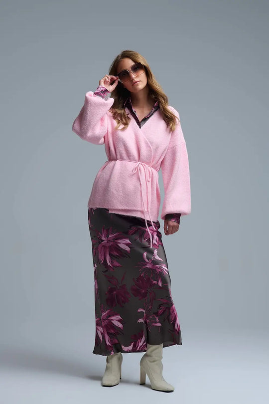 Elegant Pink Wrap Knitted Cardigan - PINK / ONE - Cardigans