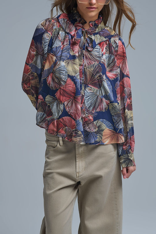 Boho-Chic Printed Ruffle Blouse in Metallic Palms Print
