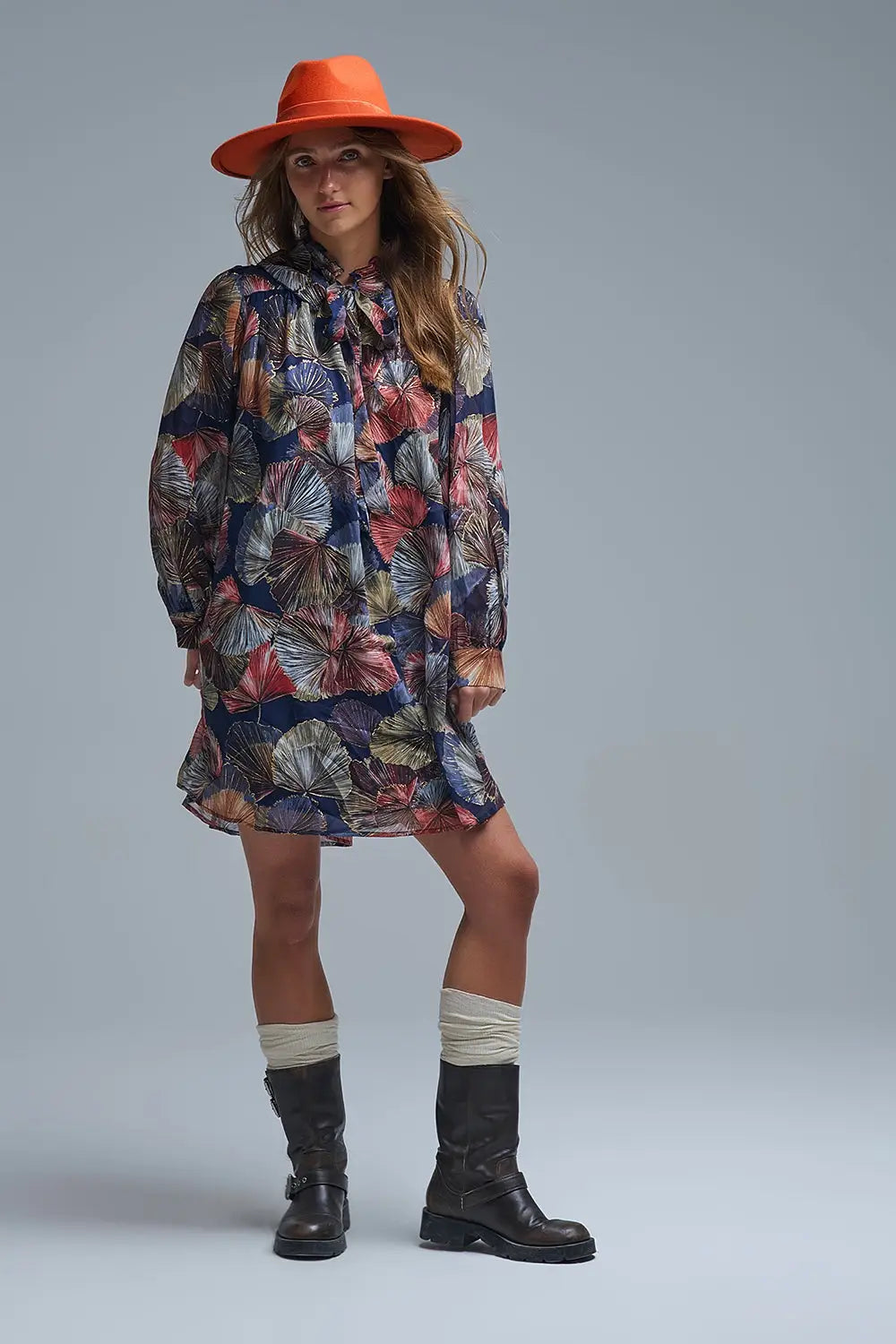 Elegant Floral A-Line Tie Neck Dress - Dresses
