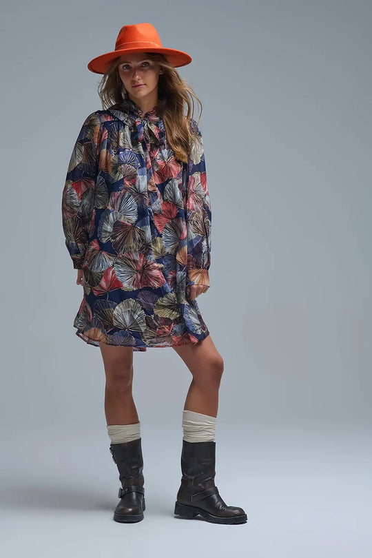 Elegant Floral A-Line Tie Neck Dress - Dresses