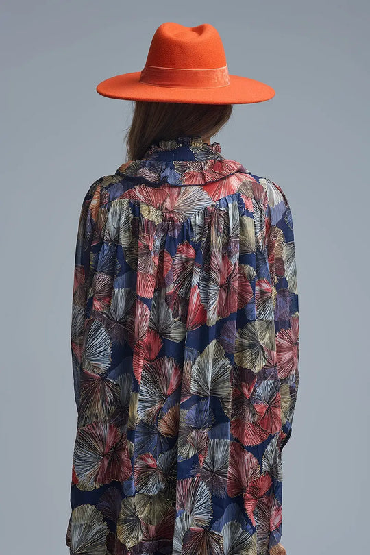 Elegant Floral A-Line Tie Neck Dress - Dresses