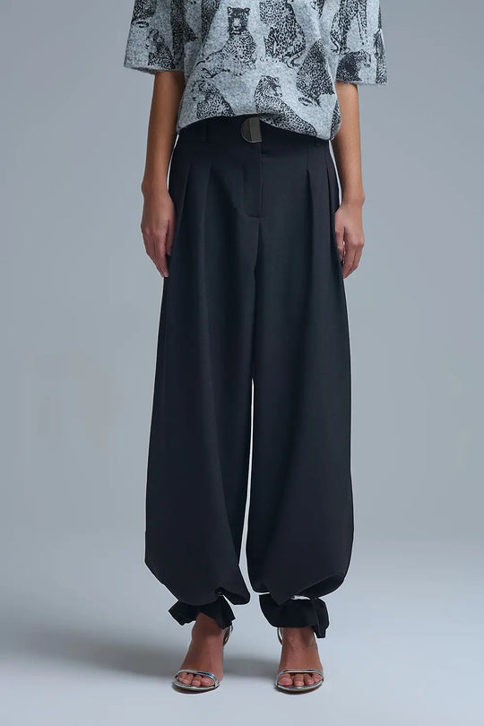 Black pleated Wide Pants with with metal buckle - Pants