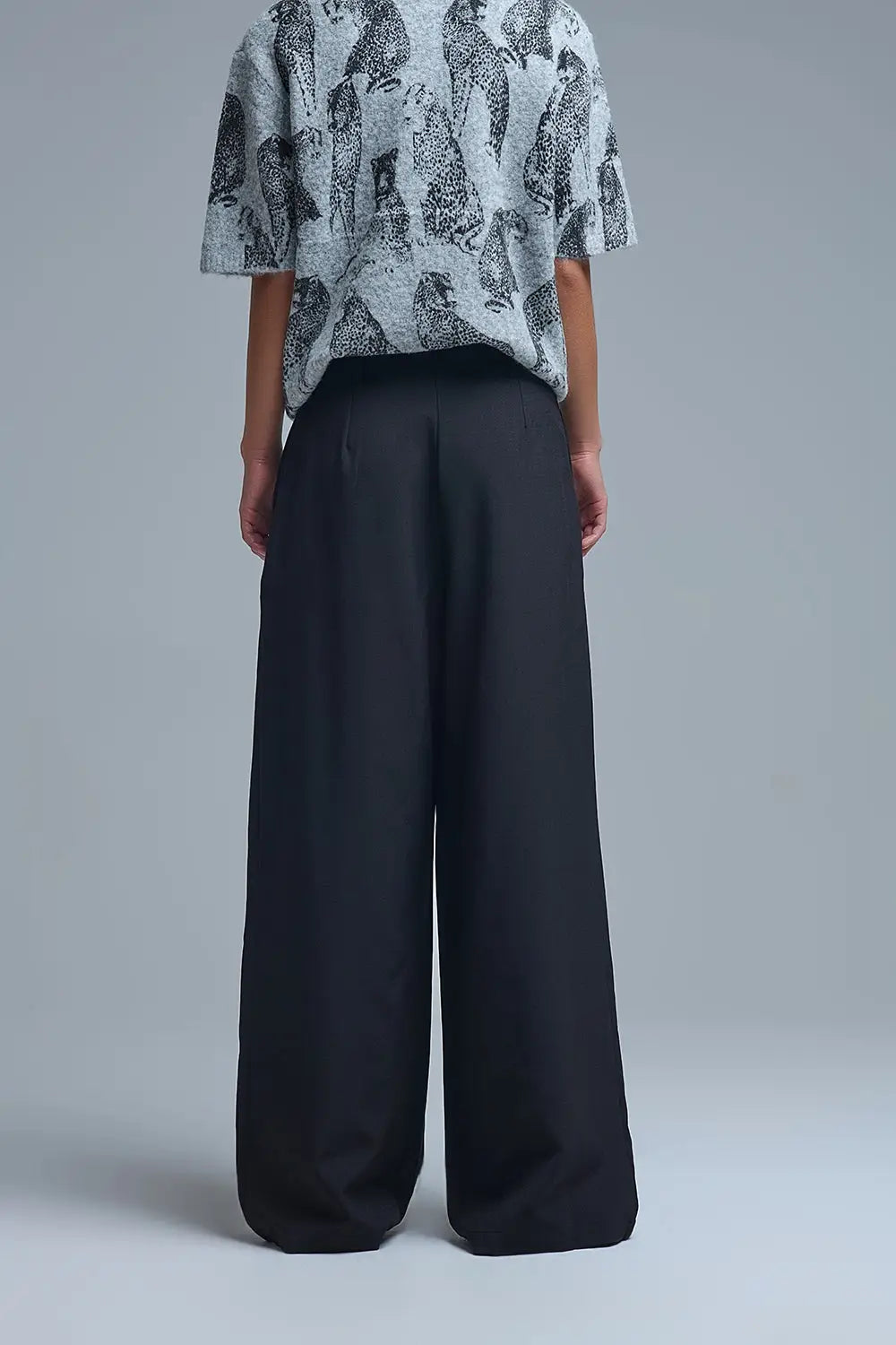 Black pleated Wide Pants with with metal buckle - Pants