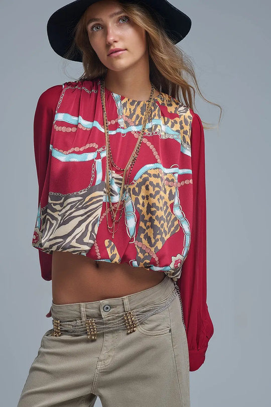 Chic Red Cropped Blouse with Abstract Print - Tops