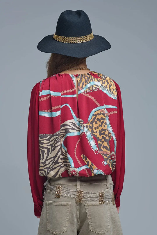 Chic Red Cropped Blouse with Abstract Print - Tops