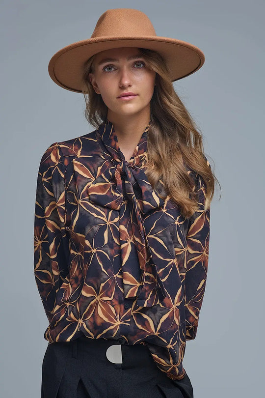 Black chiffon shirt with abstract print and knotted bow - Shirts