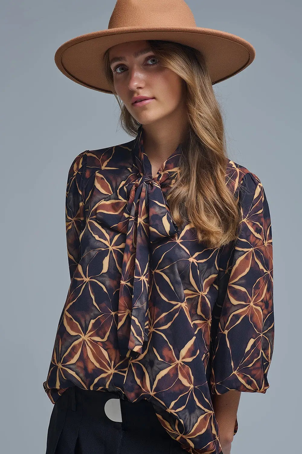 Black chiffon shirt with abstract print and knotted bow - Shirts