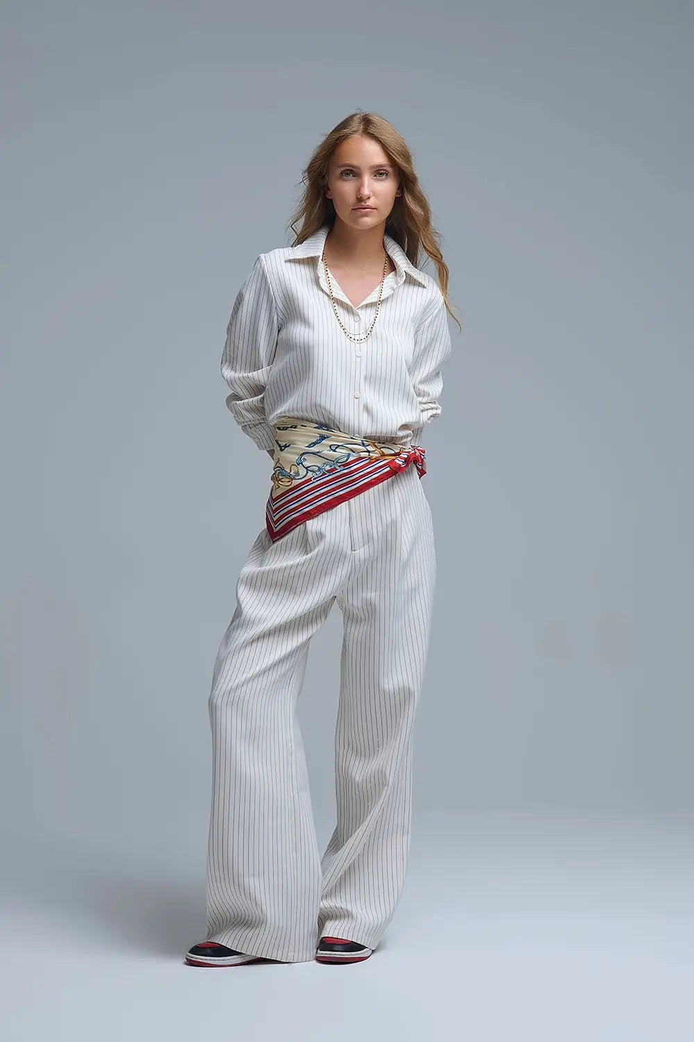 Sophisticated Pinstripe Cream-Striped High-Neck Shirt - Shirts