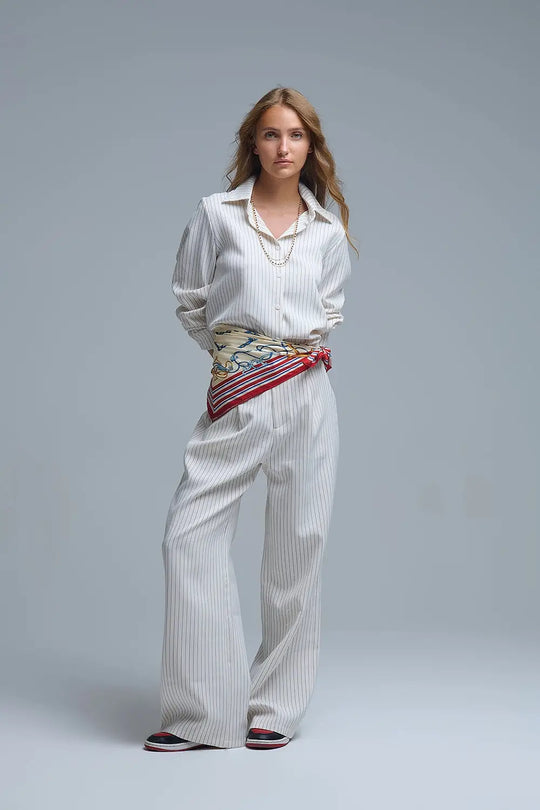 Sophisticated Pinstripe Cream-Striped High-Neck Shirt - Shirts
