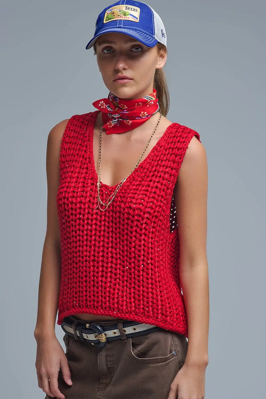 Crochet Cropped Vest in Red With sequins Thread - RED / ONE - Sweaters