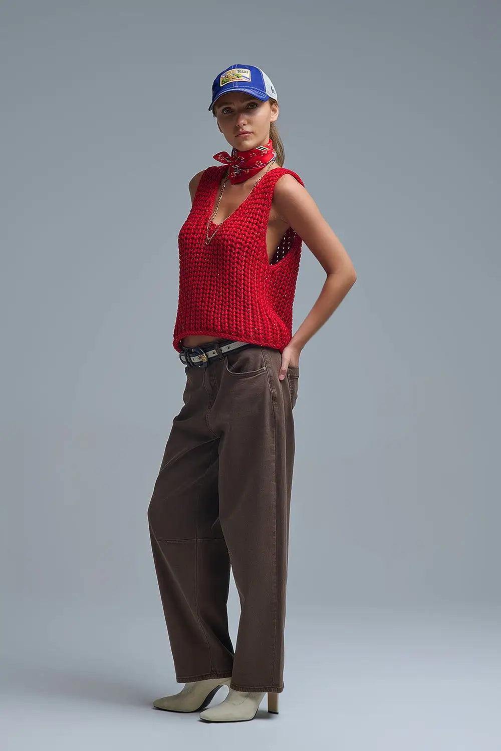 Crochet Cropped Vest in Red With sequins Thread - RED / ONE - Sweaters