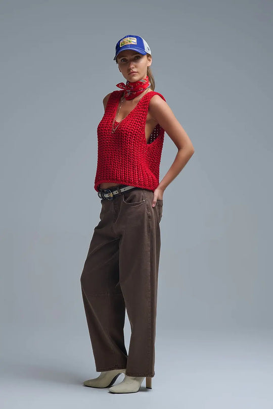 Crochet Cropped Vest in Red With sequins Thread - RED / ONE - Sweaters