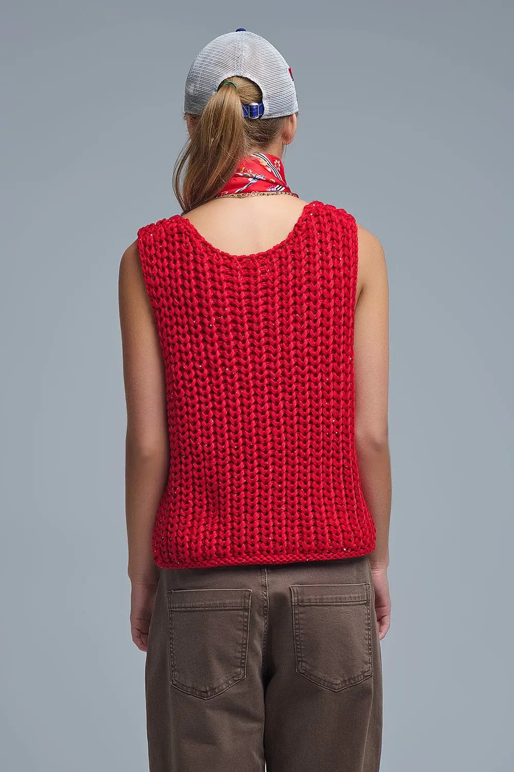 Crochet Cropped Vest in Red With sequins Thread - RED / ONE - Sweaters