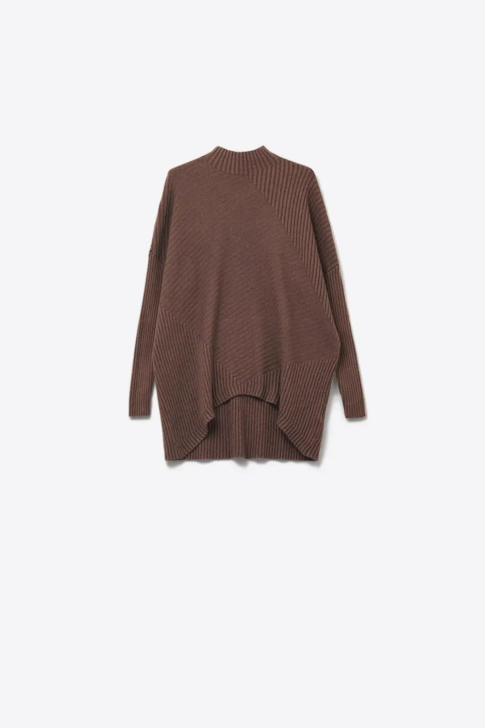 Brown Asymmetric Ribbed Knit Sweater Tunic - BROWN / ONE - Sweaters