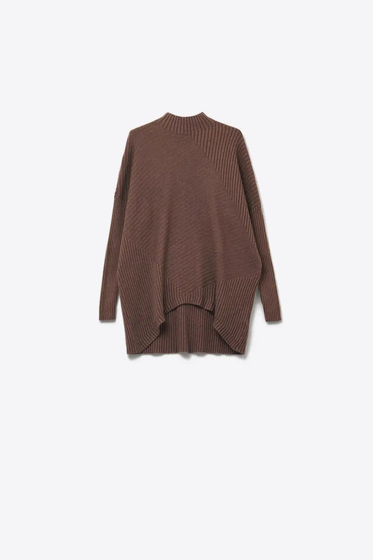 Brown Asymmetric Ribbed Knit Sweater Tunic - BROWN / ONE - Sweaters