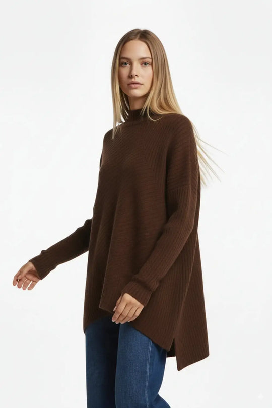 Brown Asymmetric Ribbed Knit Sweater Tunic - BROWN / ONE - Sweaters