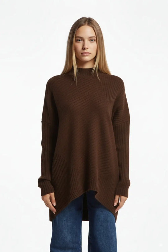 Brown Asymmetric Ribbed Knit Sweater Tunic - BROWN / ONE - Sweaters