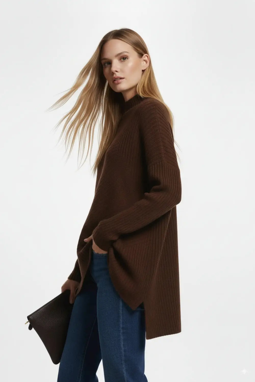 Brown Asymmetric Ribbed Knit Sweater Tunic - BROWN / ONE - Sweaters