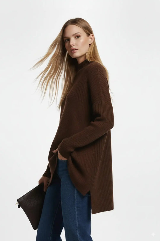 Brown Asymmetric Ribbed Knit Sweater Tunic - BROWN / ONE - Sweaters