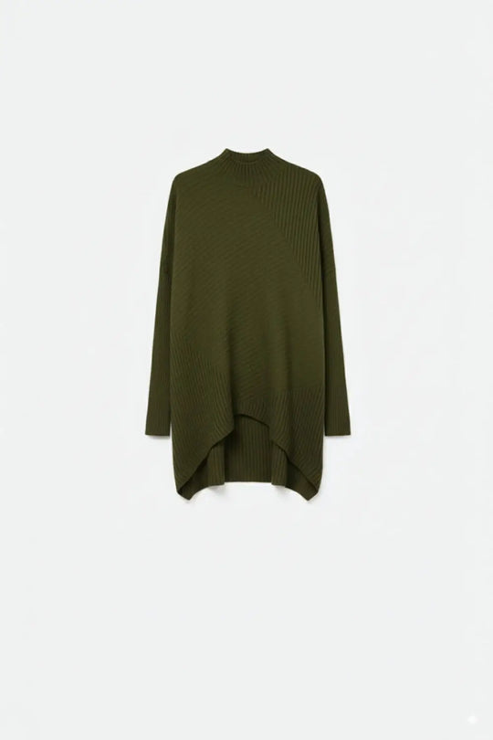 Khaki Asymmetric Ribbed Knit Sweater Tunic - KHAKI / ONE - Sweaters