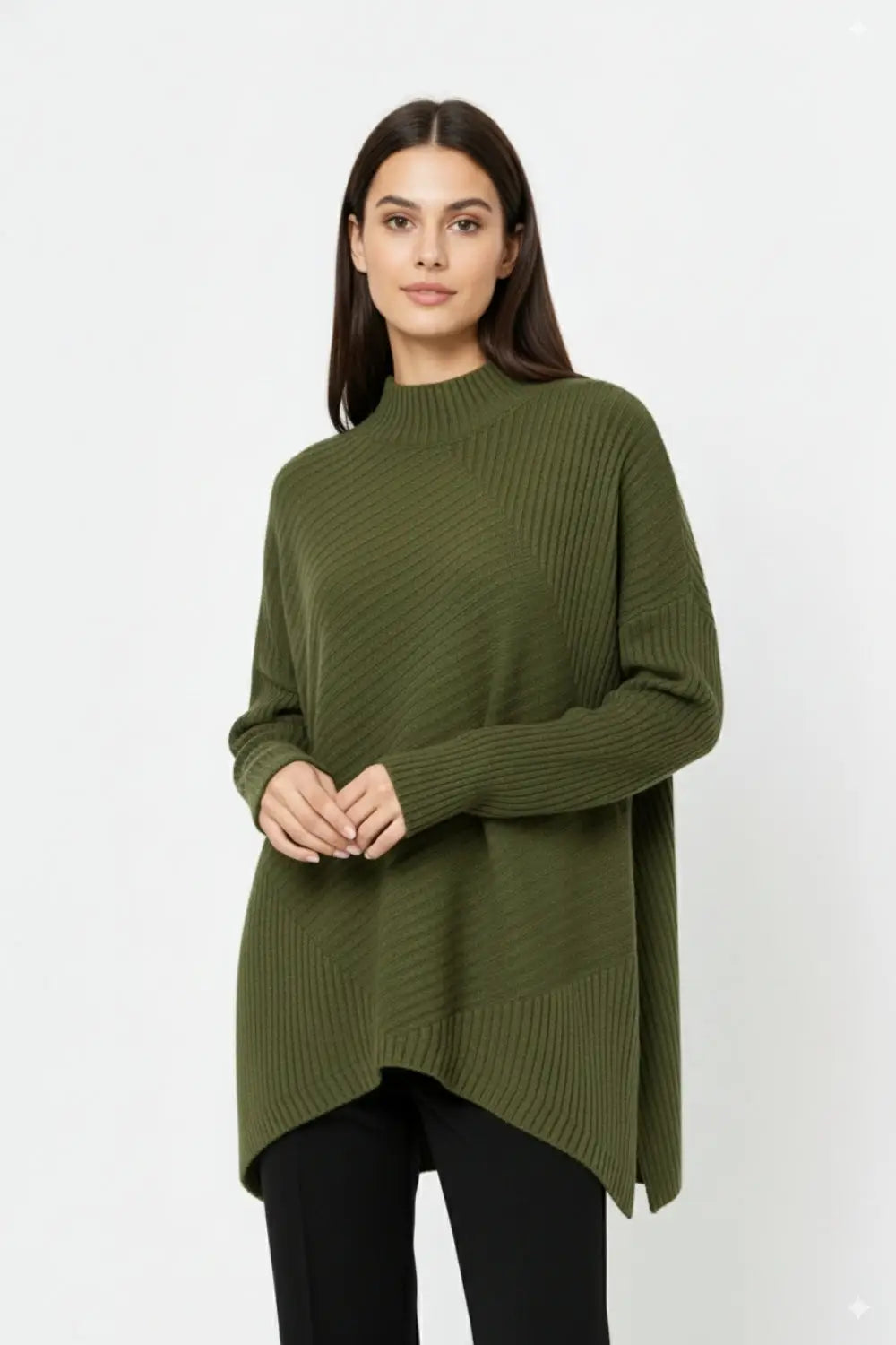 Khaki Asymmetric Ribbed Knit Sweater Tunic - KHAKI / ONE - Sweaters