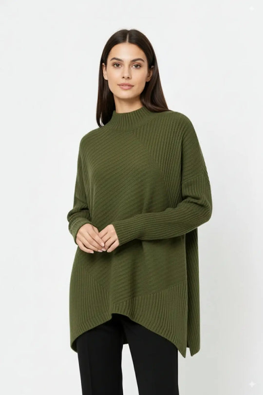 Khaki Asymmetric Ribbed Knit Sweater Tunic - KHAKI / ONE - Sweaters